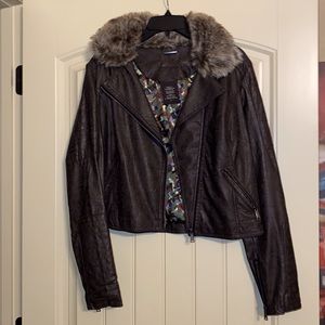 Faux Leather Jacket with Detachable Faux Fur Collar